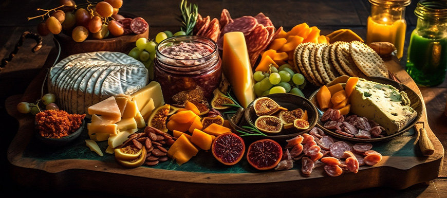 Charcuterie board filled with cheese, meats, fruits, spreads, and crackers